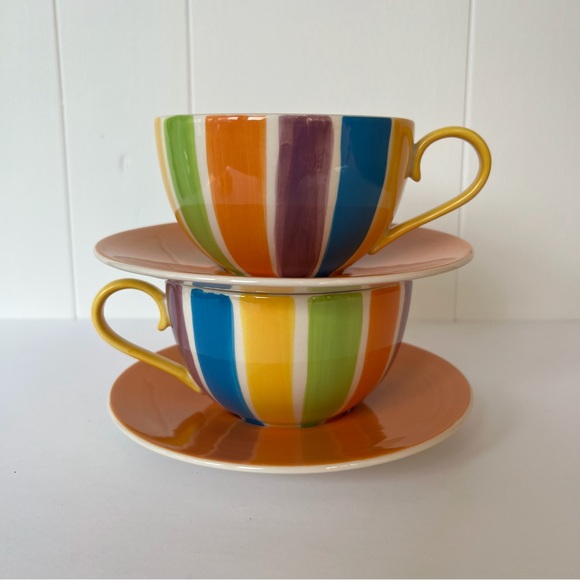 Vintage Hand Painted Cabana Stripes Cup & Saucer Set of 2 Canhome Thailand - Picture 1 of 11
